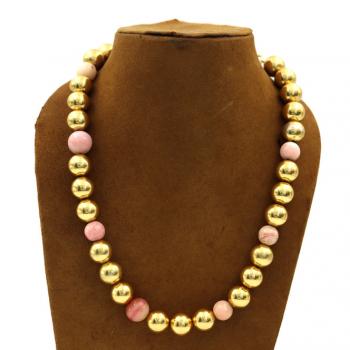 Handmade Gold Plated Pink Opal Stone Seated Necklace - Graceful Beauty and Delicate Elegance